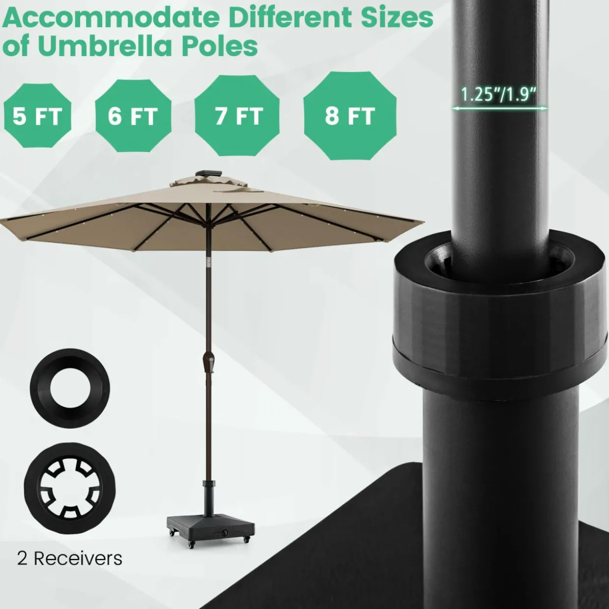 Tangkula Patio Umbrella Base, Heavy-Duty 54 lbs Market Stand w/4 Universal Wheels, 2 Receivers, Square Pole Stand