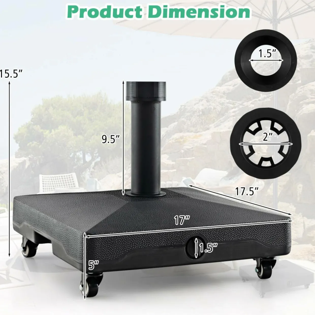 Tangkula Patio Umbrella Base, Heavy-Duty 54 lbs Market Stand w/4 Universal Wheels, 2 Receivers, Square Pole Stand