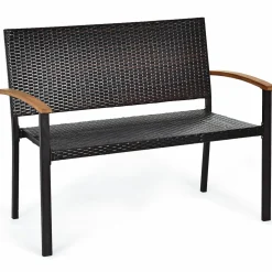 Tangkula Patio Wicker Bench, All Weather Rattan Bench w/Acacia Wood Armrest, Outdoor Loveseat Chair