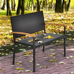 Tangkula Patio Wicker Bench, All Weather Rattan Bench w/Acacia Wood Armrest, Outdoor Loveseat Chair