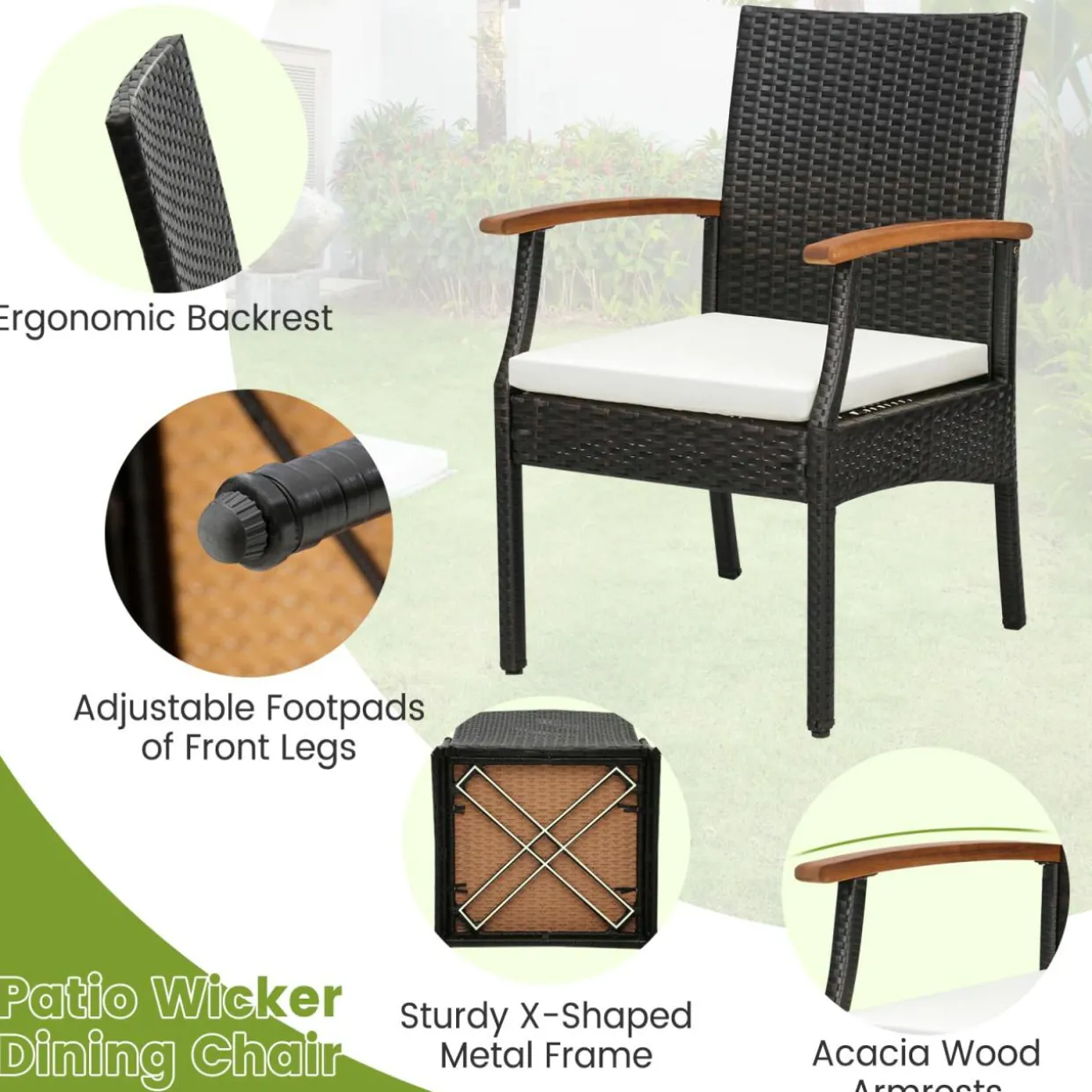 Tangkula Patio Wicker Chair Set of 2, Outdoor PE Rattan Chairs with Soft Zippered Cushion & Acacia Wood Armrests