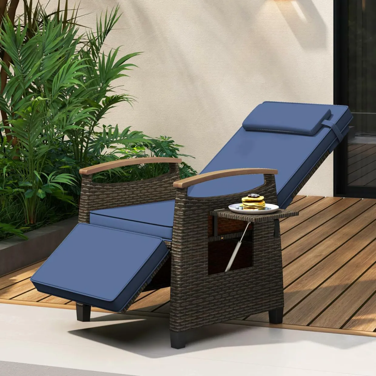 Tangkula Patio Wicker Recliner Chair, Rattan Lounge Chair w/Adjustable Backrest & Footrest
