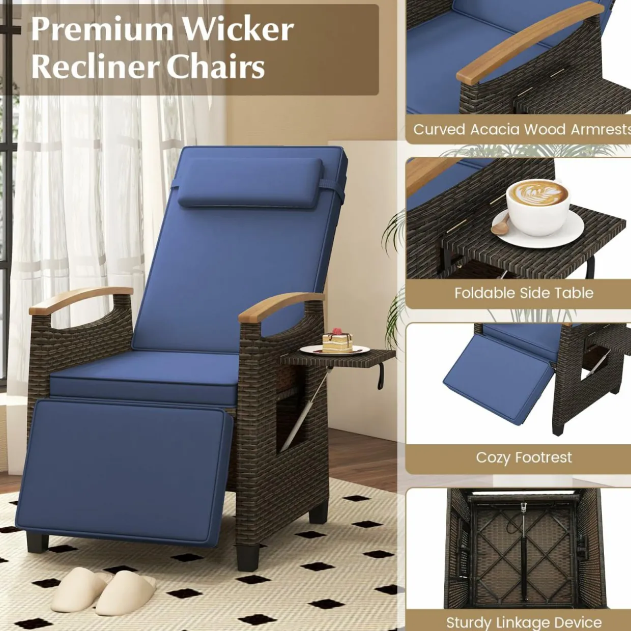 Tangkula Patio Wicker Recliner Chair, Rattan Lounge Chair w/Adjustable Backrest & Footrest