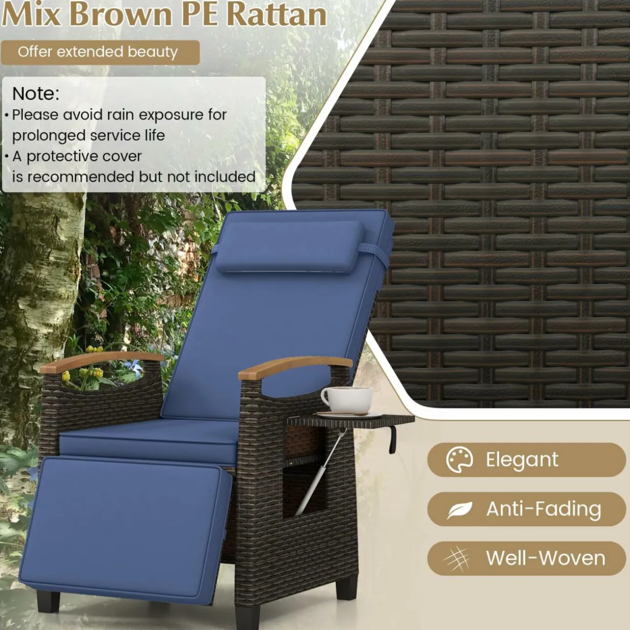 Tangkula Patio Wicker Recliner Chair, Rattan Lounge Chair w/Adjustable Backrest & Footrest