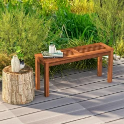 Tangkula Patio Wood Bench, 2-Person Solid Wood Bench with Slatted Seat