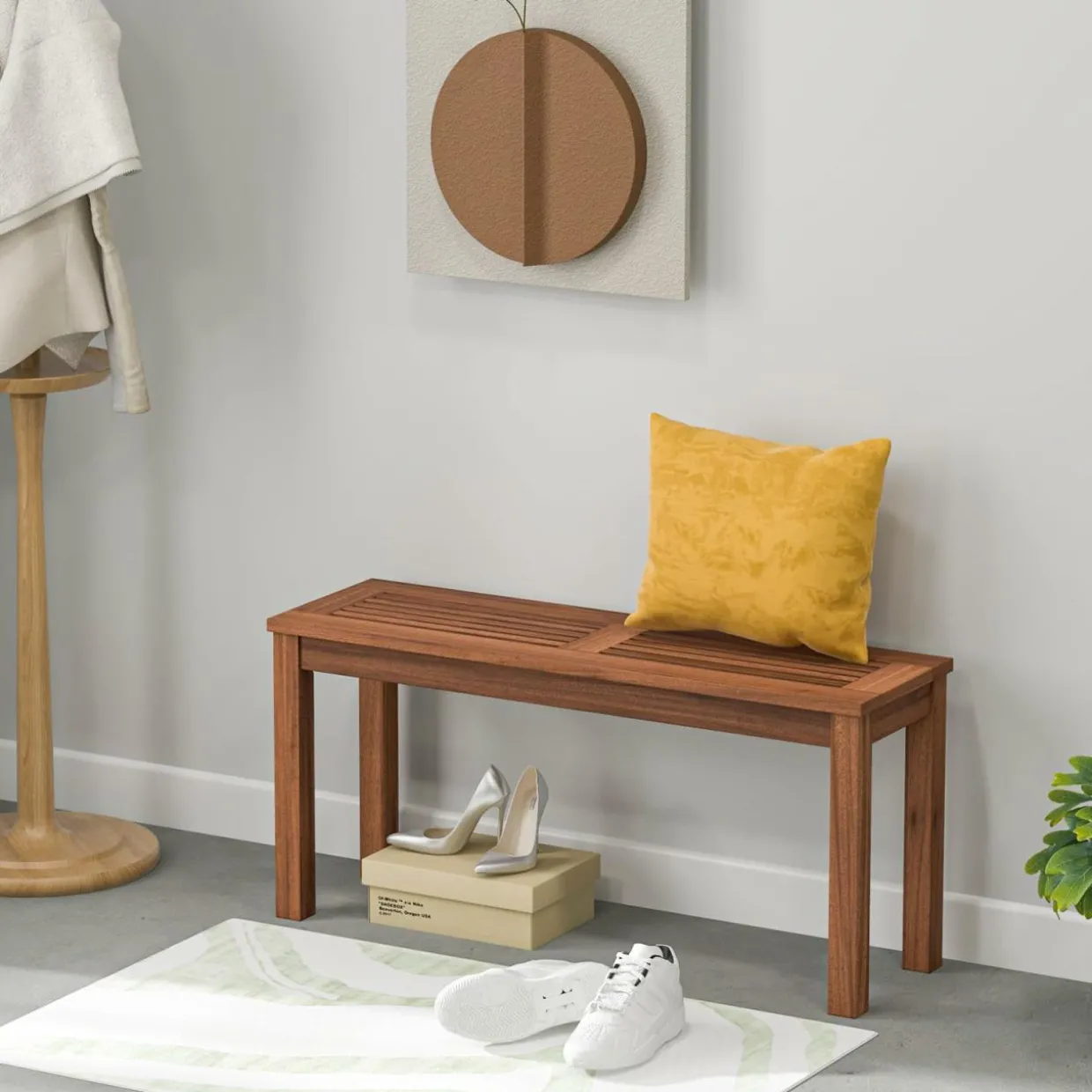 Tangkula Patio Wood Bench, 2-Person Solid Wood Bench with Slatted Seat