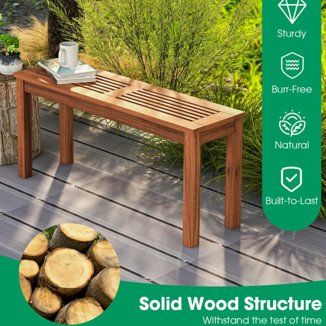 Tangkula Patio Wood Bench, 2-Person Solid Wood Bench with Slatted Seat