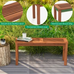 Tangkula Patio Wood Bench, 2-Person Solid Wood Bench with Slatted Seat