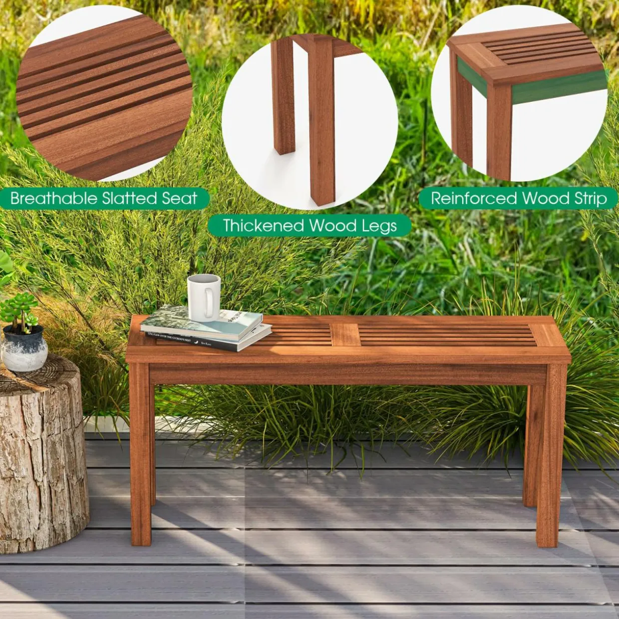 Tangkula Patio Wood Bench, 2-Person Solid Wood Bench with Slatted Seat