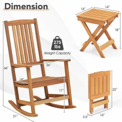Tangkula Patio Wood Bistro Set, Outdoor 2pcs Rocking Chair & Folding Square Table Set with Slatted Seat & Tabletop