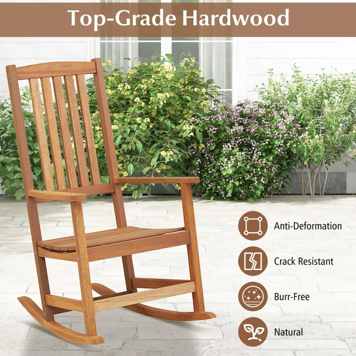 Tangkula Patio Wood Bistro Set, Outdoor 2pcs Rocking Chair & Folding Square Table Set with Slatted Seat & Tabletop