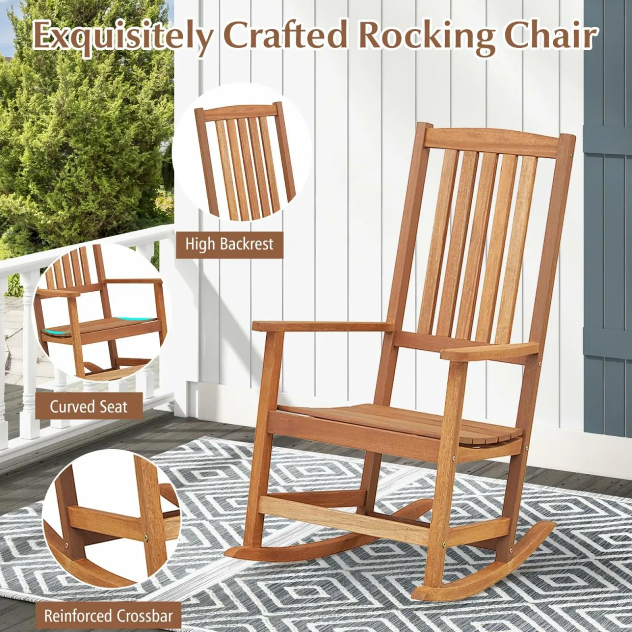 Tangkula Patio Wood Bistro Set, Outdoor 2pcs Rocking Chair & Folding Square Table Set with Slatted Seat & Tabletop