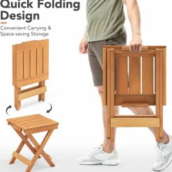 Tangkula Patio Wood Bistro Set, Outdoor 2pcs Rocking Chair & Folding Square Table Set with Slatted Seat & Tabletop