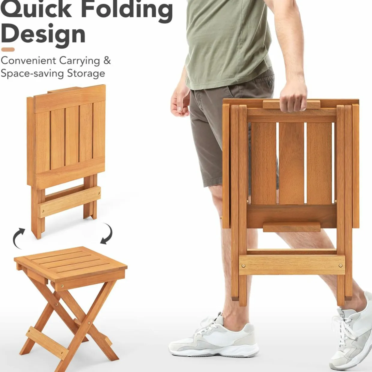 Tangkula Patio Wood Bistro Set, Outdoor 2pcs Rocking Chair & Folding Square Table Set with Slatted Seat & Tabletop