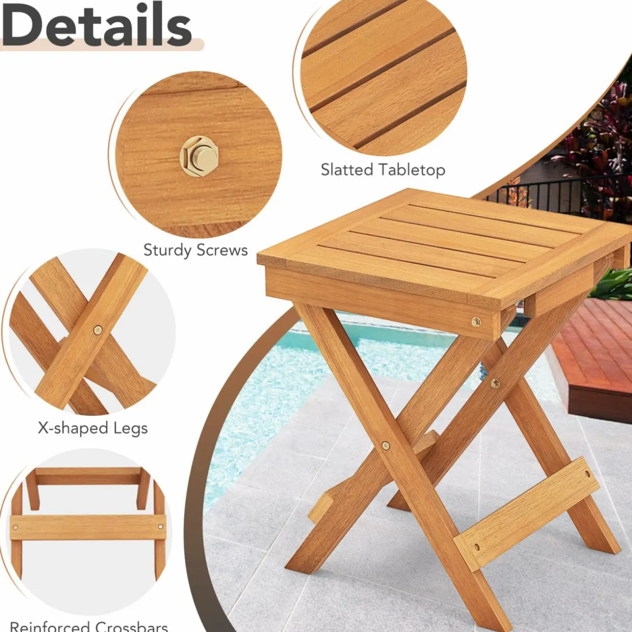 Tangkula Patio Wood Bistro Set, Outdoor 2pcs Rocking Chair & Folding Square Table Set with Slatted Seat & Tabletop