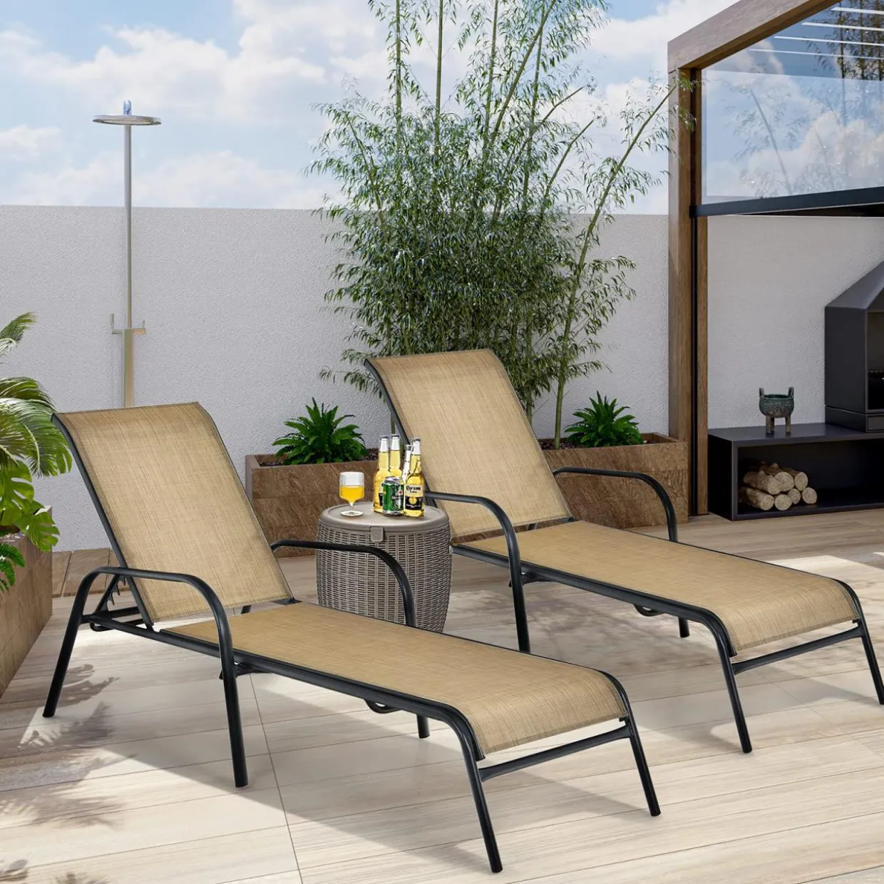 Tangkula Patiojoy Outdoor Lounge Chair with Breathable Fabric & Steel Frame