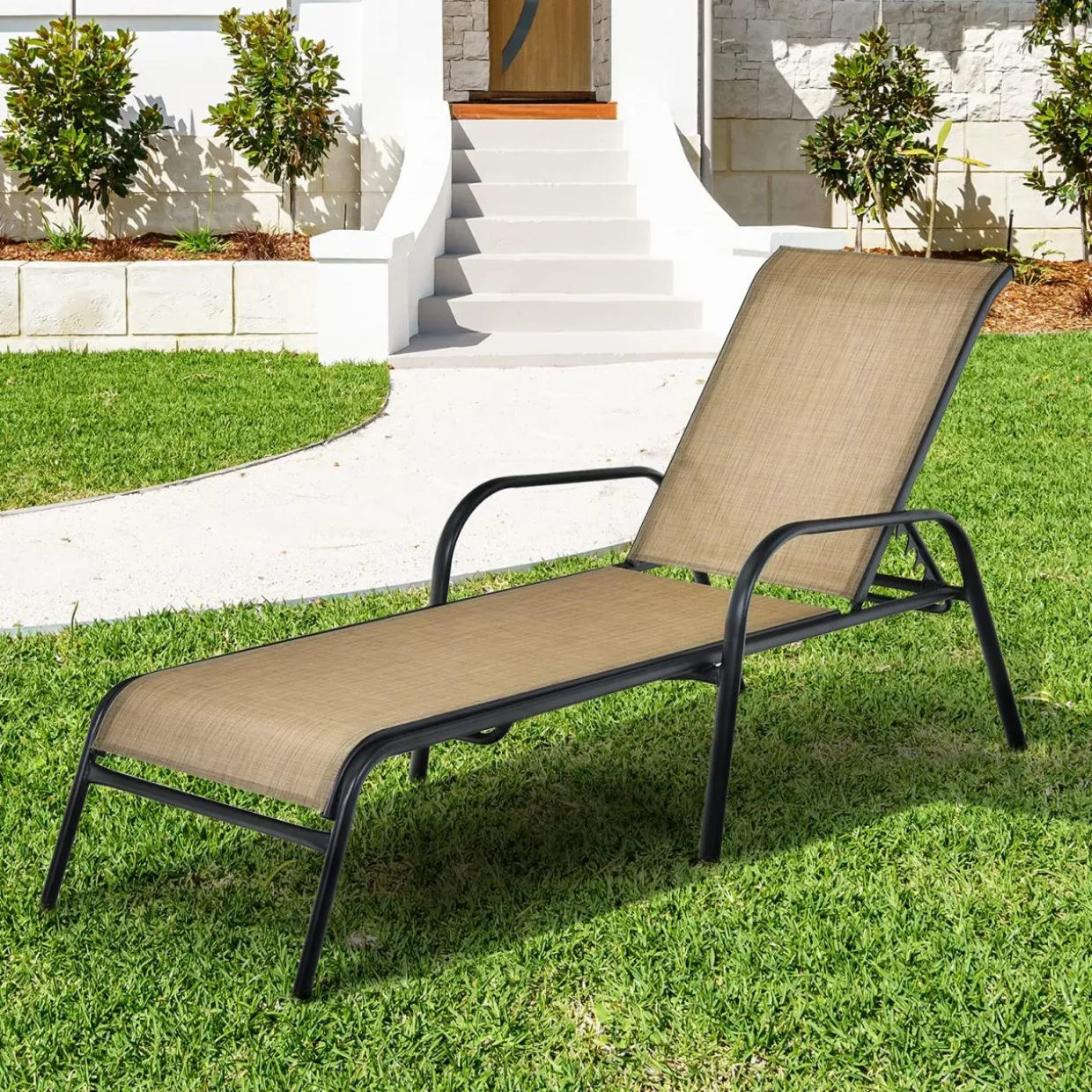 Tangkula Patiojoy Outdoor Lounge Chair with Breathable Fabric & Steel Frame