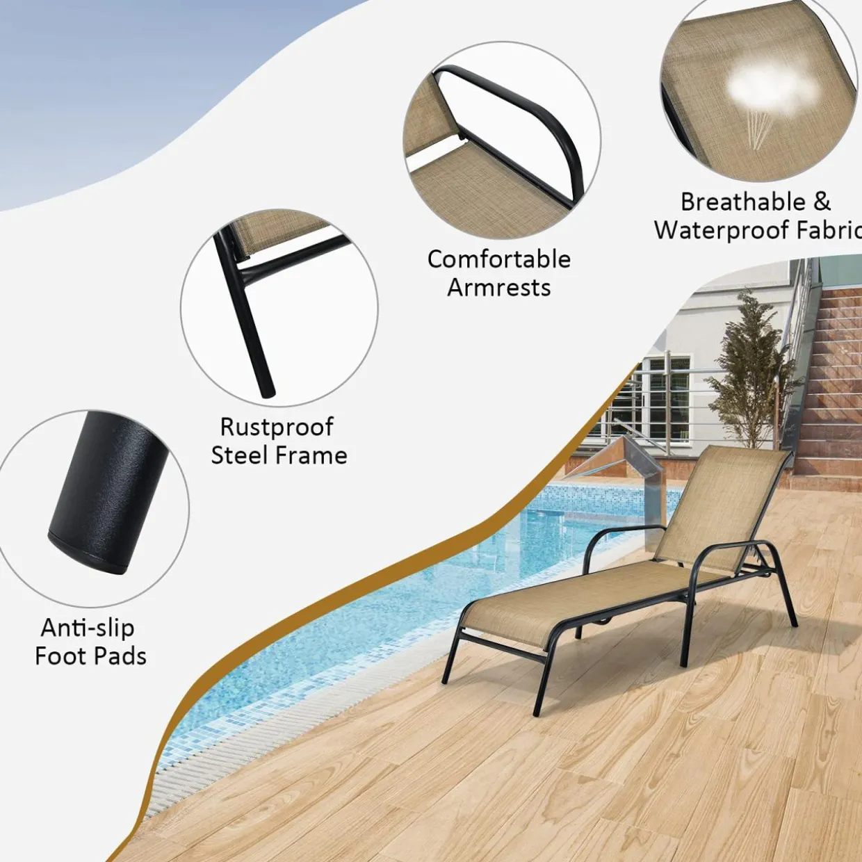 Tangkula Patiojoy Outdoor Lounge Chair with Breathable Fabric & Steel Frame