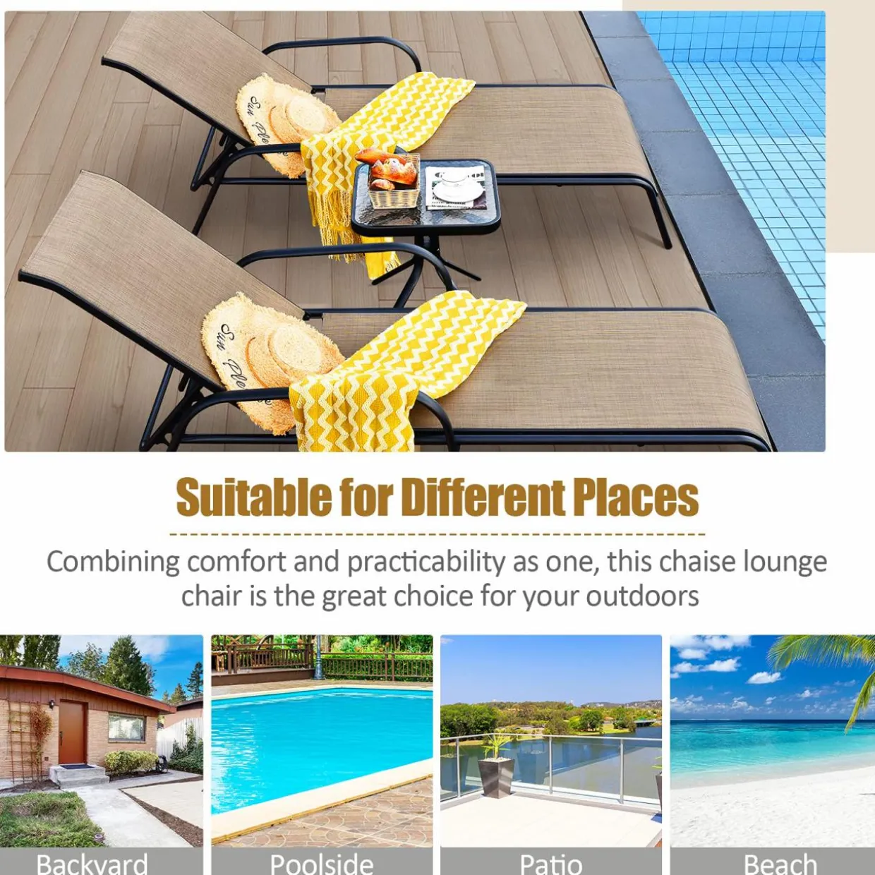 Tangkula Patiojoy Outdoor Lounge Chair with Breathable Fabric & Steel Frame