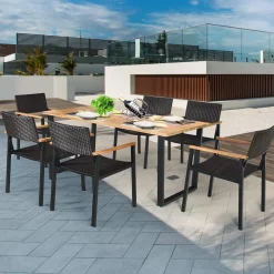 Tangkula 7PCS Outdoor Dining Set, Patio Dining Furniture Set w/Large Rectangle Acacia Wood Table Top