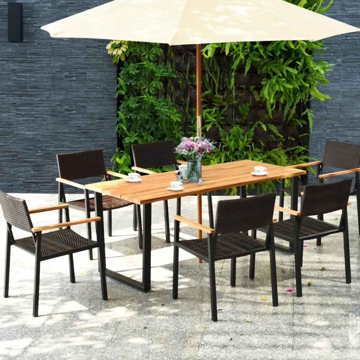 Tangkula 7PCS Outdoor Dining Set, Patio Dining Furniture Set w/Large Rectangle Acacia Wood Table Top