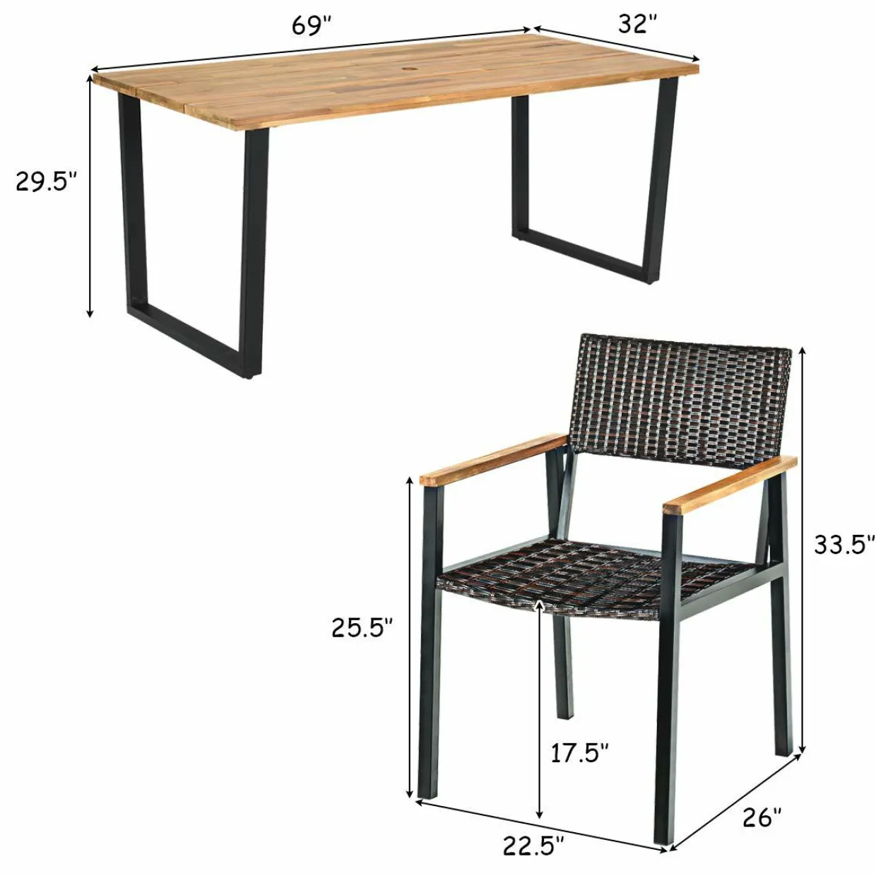 Tangkula 7PCS Outdoor Dining Set, Patio Dining Furniture Set w/Large Rectangle Acacia Wood Table Top