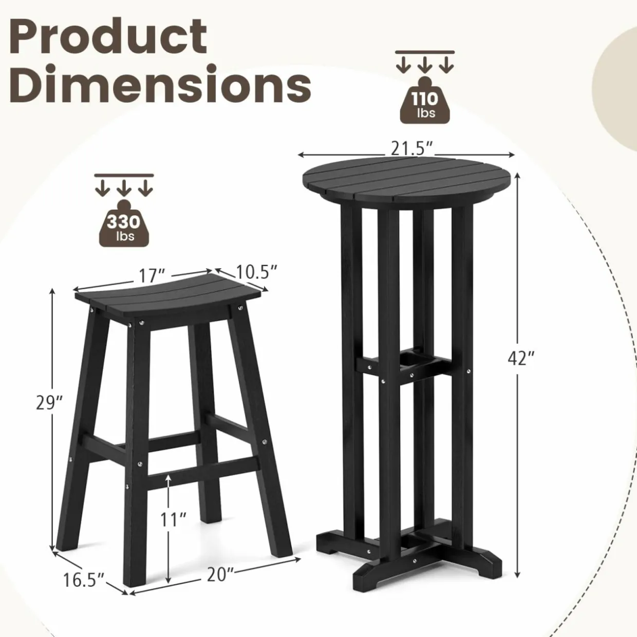 Tangkula 3PCS Outdoor HDPE Bar Table & Chair Set for 2