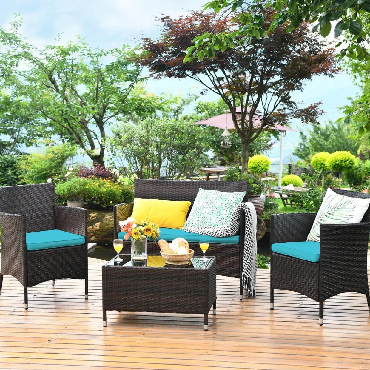 Tangkula 4-PCS Patio Rattan Conversation Set, Outdoor Wicker Furniture Set with Tempered Glass Coffee Table &Thick Cushion