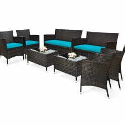 Tangkula 4-PCS Patio Rattan Conversation Set, Outdoor Wicker Furniture Set with Tempered Glass Coffee Table &Thick Cushion