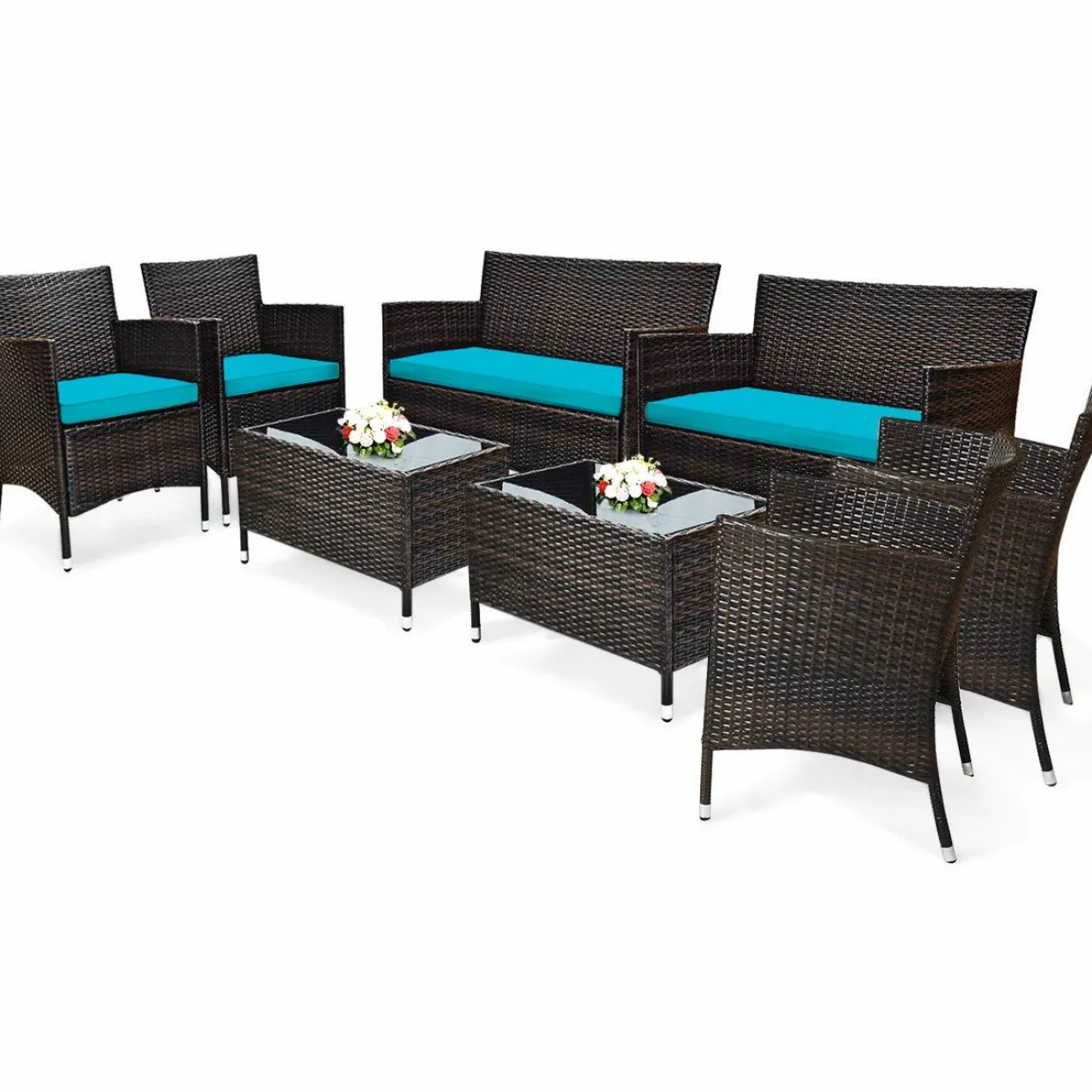 Tangkula 4-PCS Patio Rattan Conversation Set, Outdoor Wicker Furniture Set with Tempered Glass Coffee Table &Thick Cushion