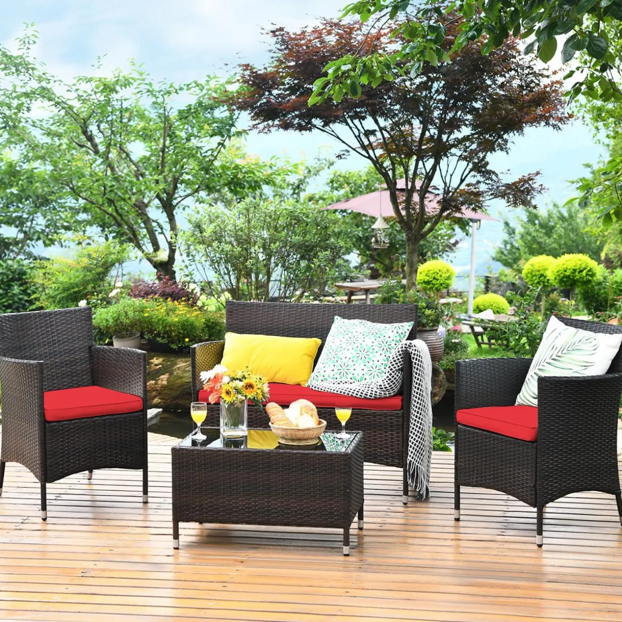 Tangkula 4-PCS Patio Rattan Conversation Set, Outdoor Wicker Furniture Set with Tempered Glass Coffee Table &Thick Cushion