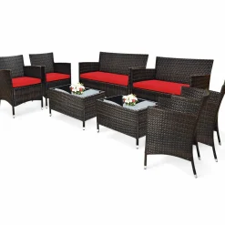 Tangkula 4-PCS Patio Rattan Conversation Set, Outdoor Wicker Furniture Set with Tempered Glass Coffee Table &Thick Cushion