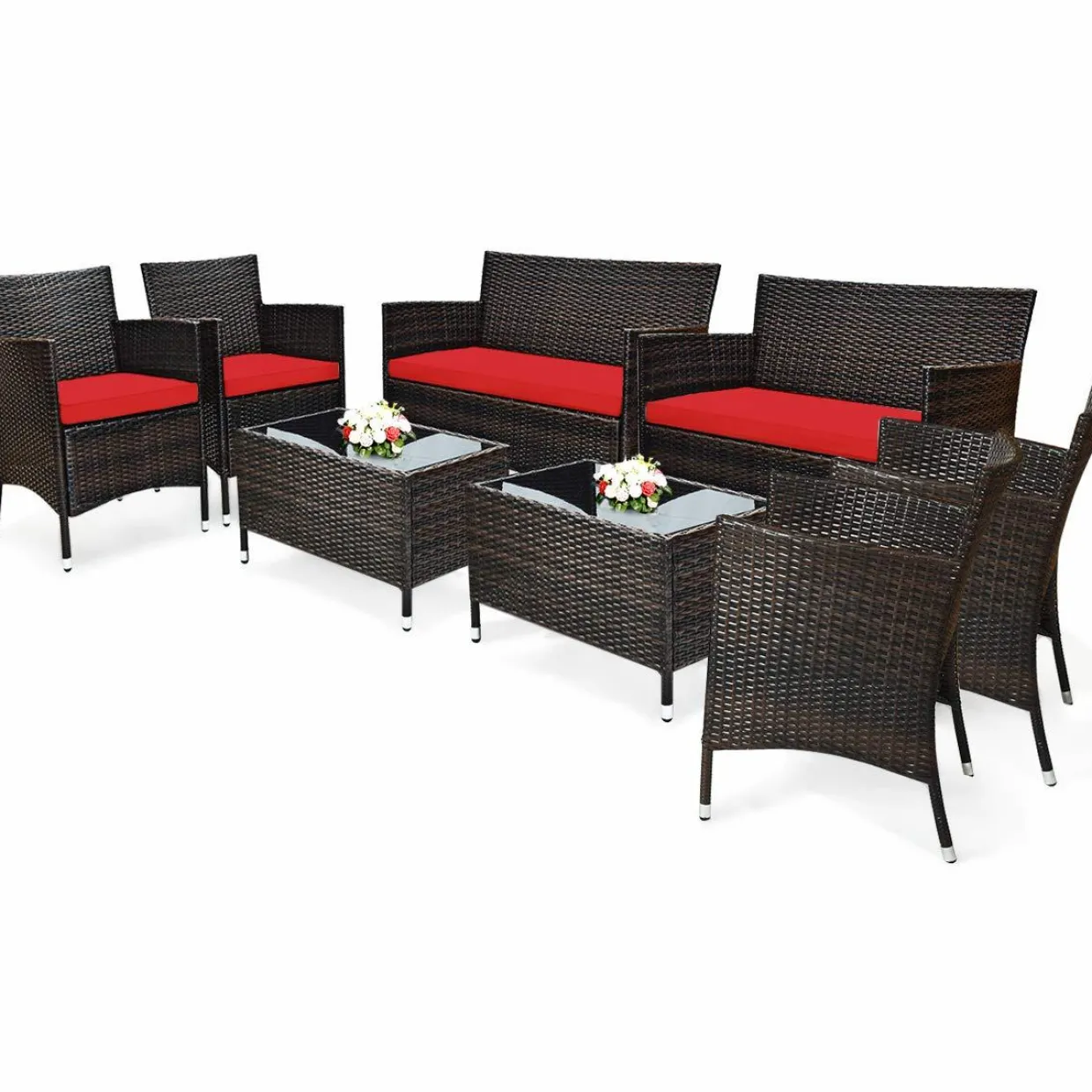 Tangkula 4-PCS Patio Rattan Conversation Set, Outdoor Wicker Furniture Set with Tempered Glass Coffee Table &Thick Cushion