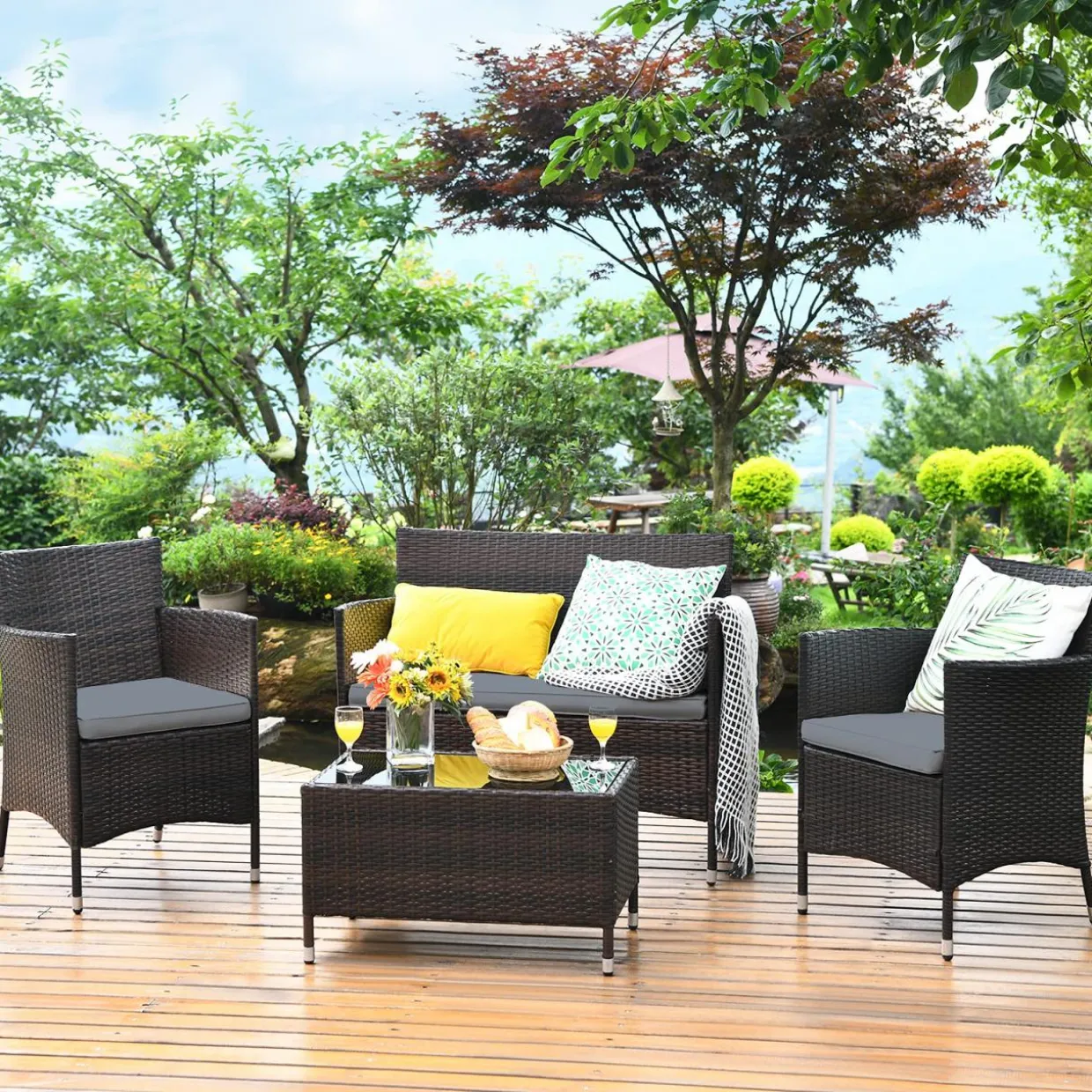 Tangkula 4-PCS Patio Rattan Conversation Set, Outdoor Wicker Furniture Set with Tempered Glass Coffee Table &Thick Cushion