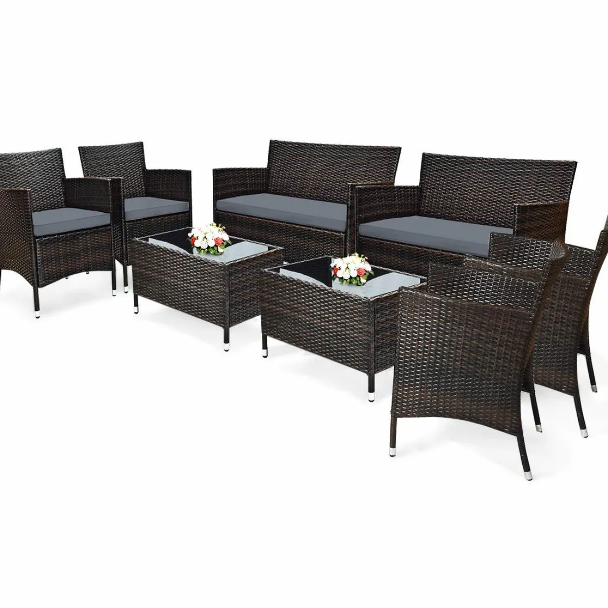 Tangkula 4-PCS Patio Rattan Conversation Set, Outdoor Wicker Furniture Set with Tempered Glass Coffee Table &Thick Cushion