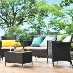 Tangkula 4-PCS Patio Rattan Conversation Set, Outdoor Wicker Furniture Set with Tempered Glass Coffee Table &Thick Cushion