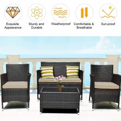 Tangkula 4-PCS Patio Rattan Conversation Set, Outdoor Wicker Furniture Set with Tempered Glass Coffee Table &Thick Cushion