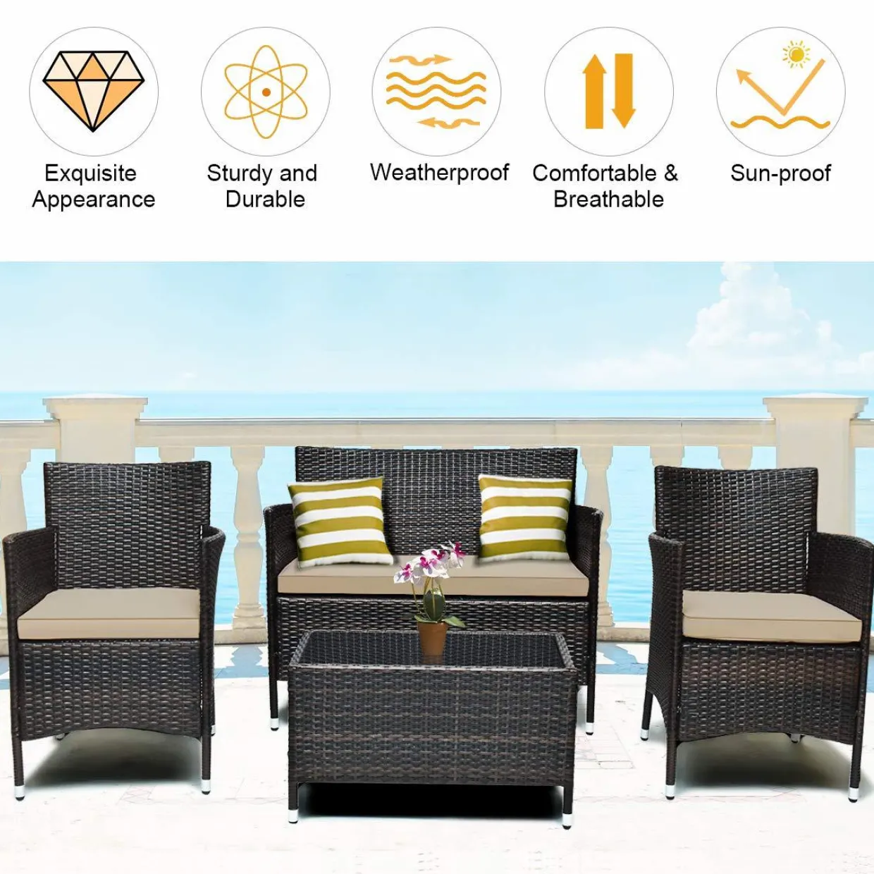 Tangkula 4-PCS Patio Rattan Conversation Set, Outdoor Wicker Furniture Set with Tempered Glass Coffee Table &Thick Cushion