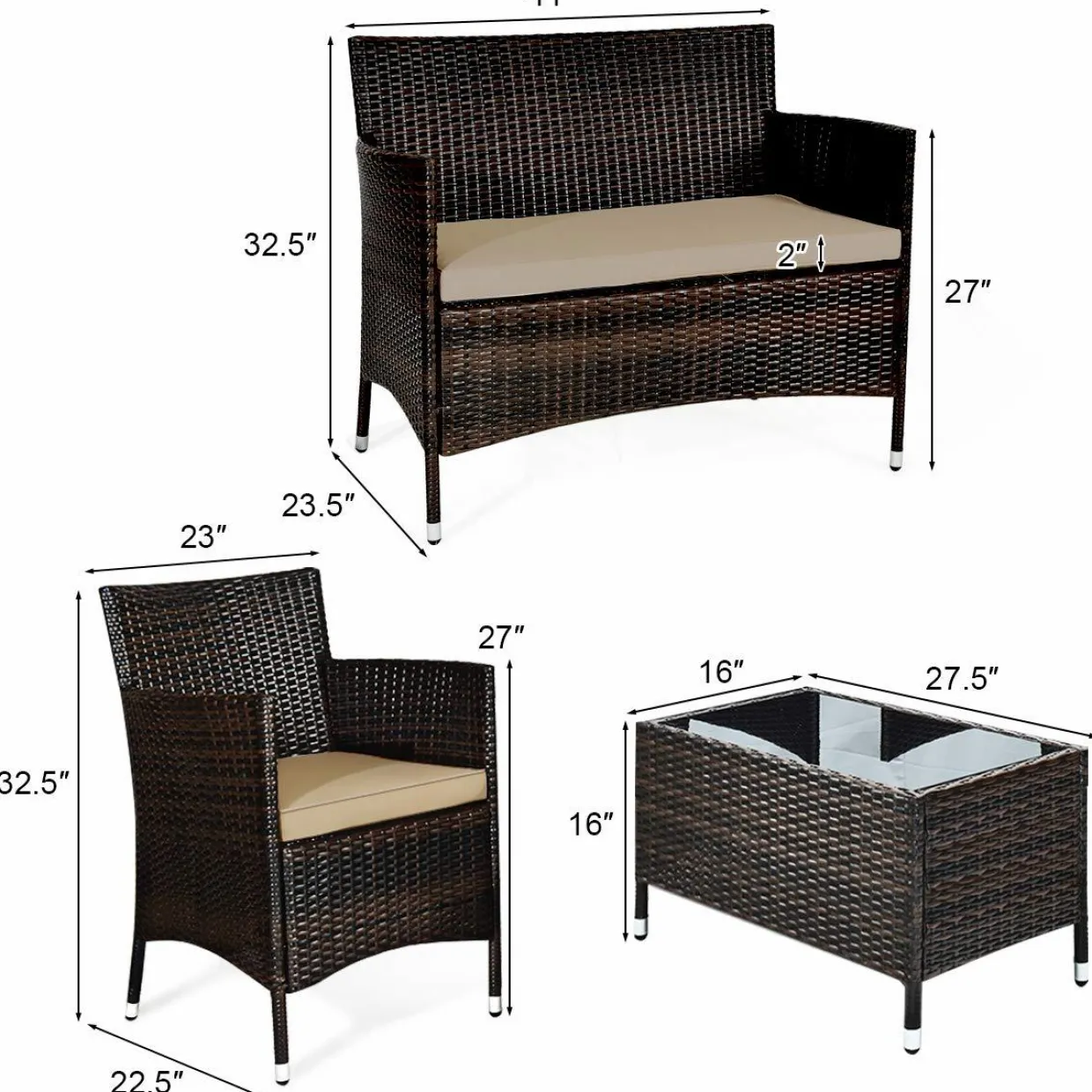 Tangkula 4-PCS Patio Rattan Conversation Set, Outdoor Wicker Furniture Set with Tempered Glass Coffee Table &Thick Cushion
