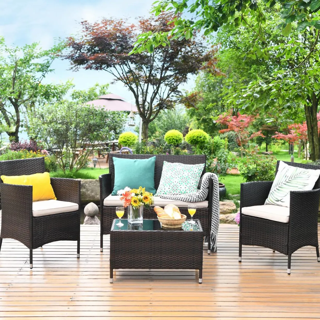 Tangkula 4-PCS Patio Rattan Conversation Set, Outdoor Wicker Furniture Set with Tempered Glass Coffee Table &Thick Cushion