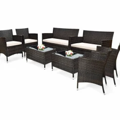 Tangkula 4-PCS Patio Rattan Conversation Set, Outdoor Wicker Furniture Set with Tempered Glass Coffee Table &Thick Cushion