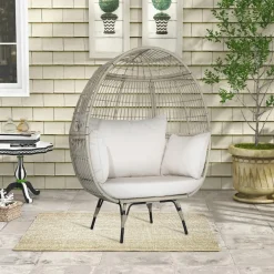 Tangkula PE Wicker Egg Chair, Patiojoy Oversized Indoor Outdoor Patio Lounge Chair with Cushions and Pillows