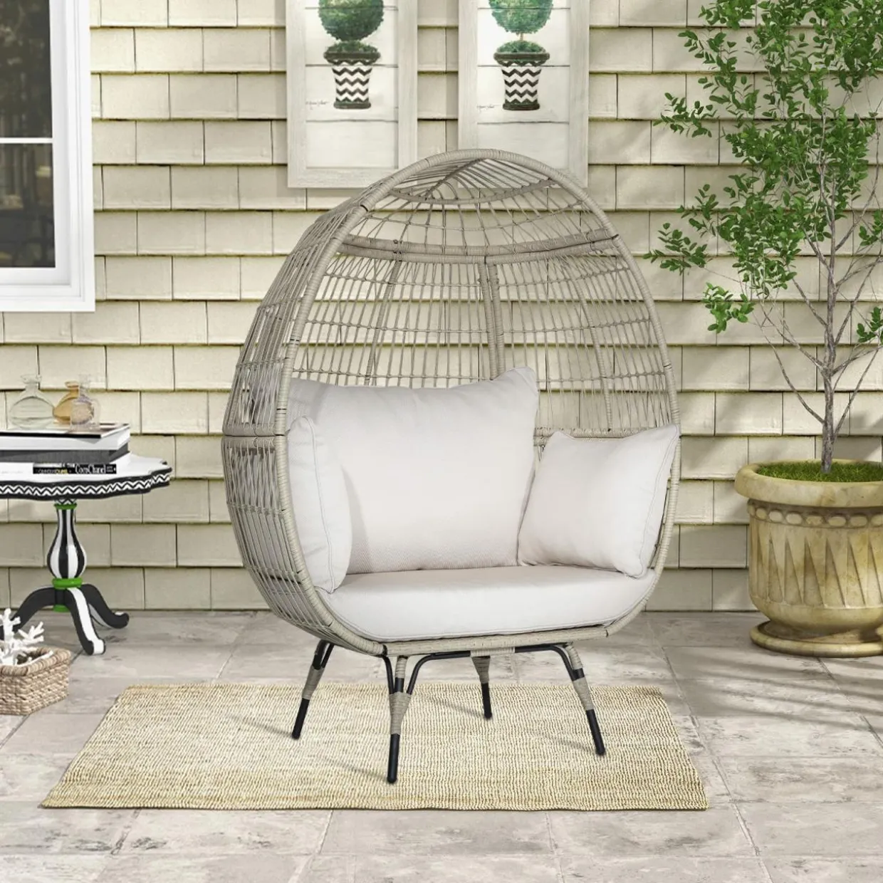 Tangkula PE Wicker Egg Chair, Patiojoy Oversized Indoor Outdoor Patio Lounge Chair with Cushions and Pillows