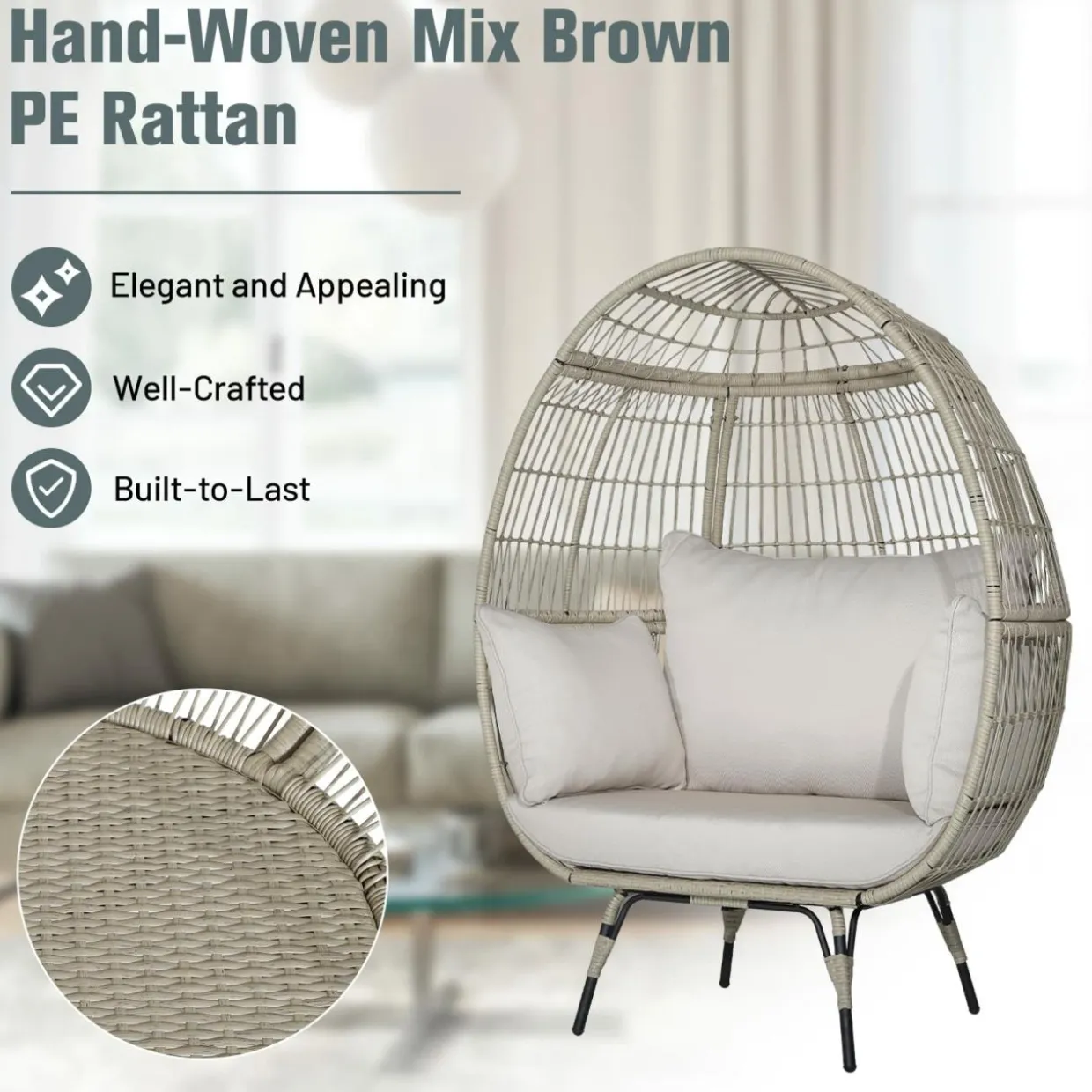 Tangkula PE Wicker Egg Chair, Patiojoy Oversized Indoor Outdoor Patio Lounge Chair with Cushions and Pillows