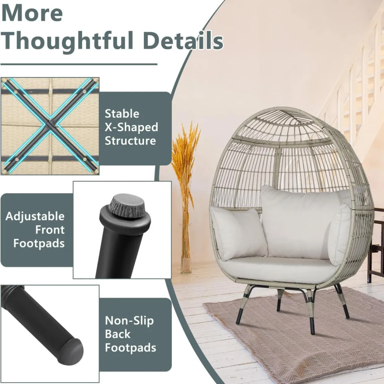 Tangkula PE Wicker Egg Chair, Patiojoy Oversized Indoor Outdoor Patio Lounge Chair with Cushions and Pillows