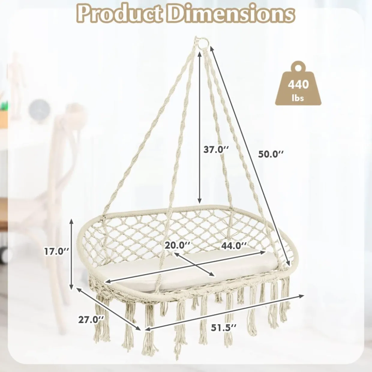 Tangkula 2-Person Hammock Chair, Hanging Hammock Macrame Swing
