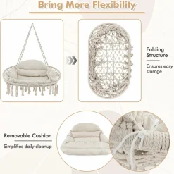 Tangkula 2-Person Hanging Hammock Chair, Boho Style Macrame Hammock Swing with Soft Cushions