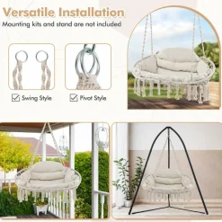 Tangkula 2-Person Hanging Hammock Chair, Boho Style Macrame Hammock Swing with Soft Cushions