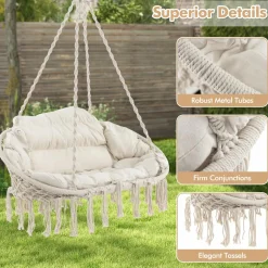 Tangkula 2-Person Hanging Hammock Chair, Boho Style Macrame Hammock Swing with Soft Cushions