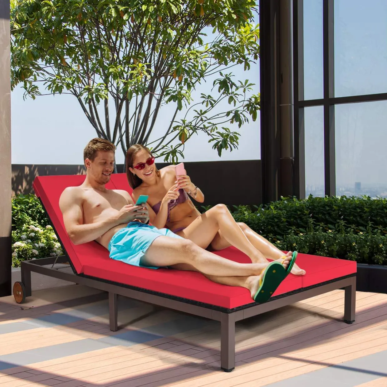 Tangkula 2-Person Patio Lounge Chair, Outdoor Rattan Double Wicker Daybed Chaise Lounge Chair